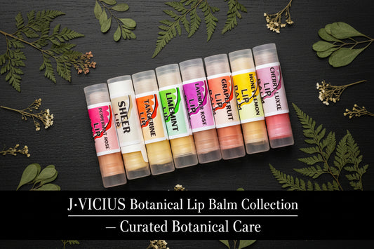 Set of lip balm tubes on a black wooden board with green leaves surrounding